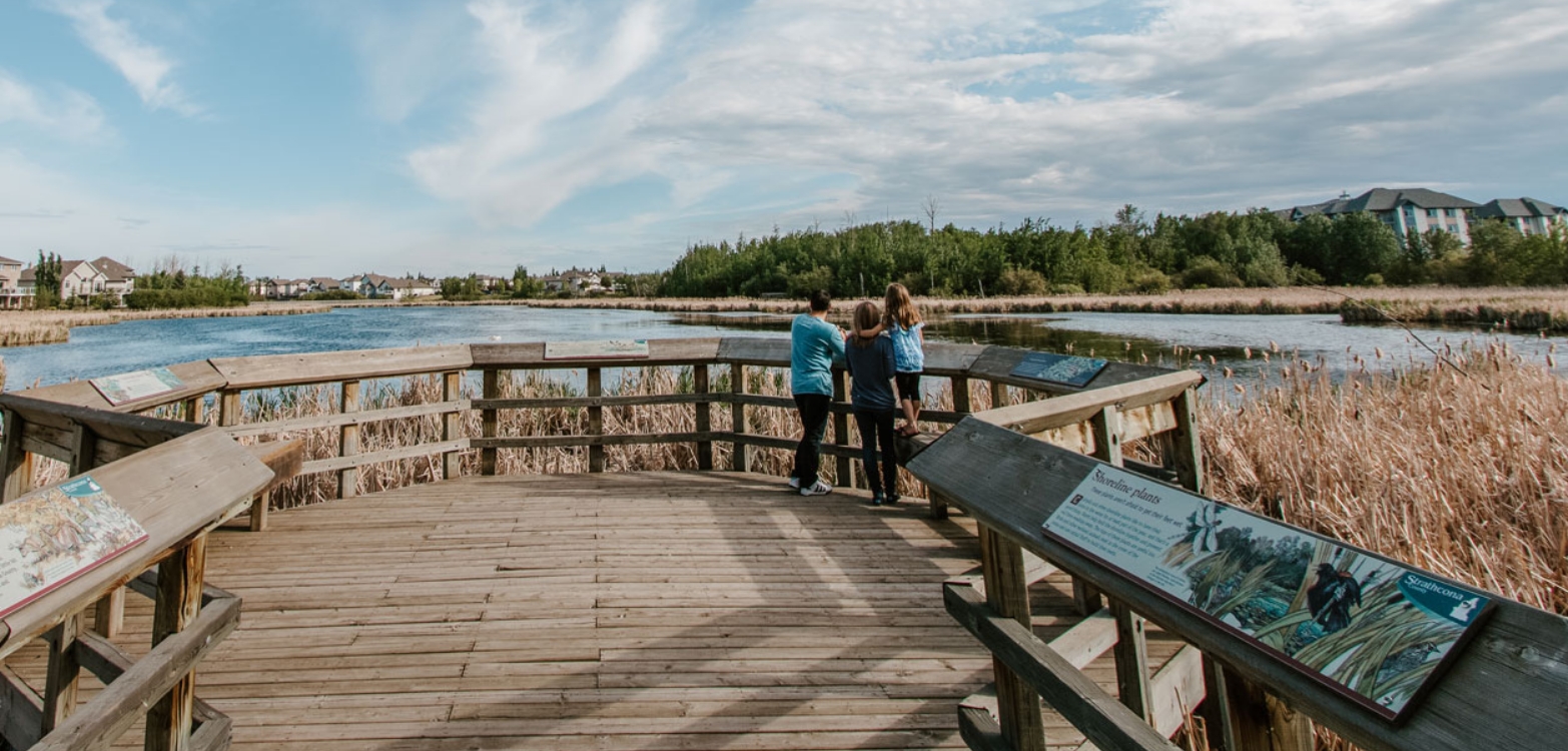 A family stands on a park boardwalk overlooking a pond.