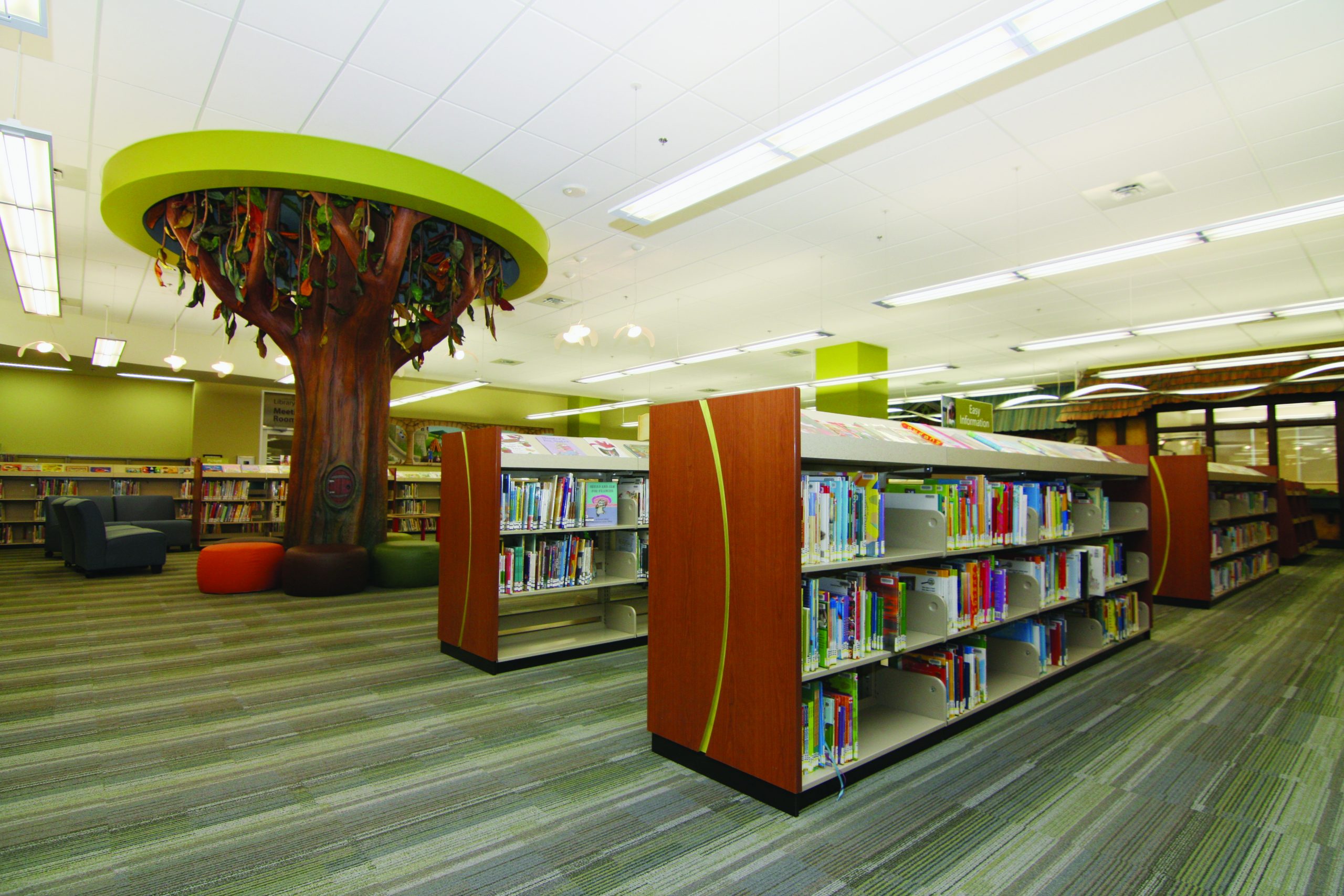 Book shelves in library.